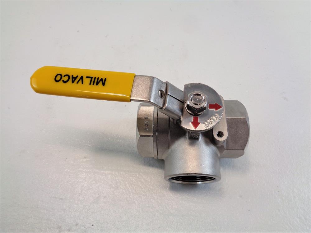 Milvaco 1-1/2" NPT Stainless Steel 3-Way Ball Valve, 1000 WOG